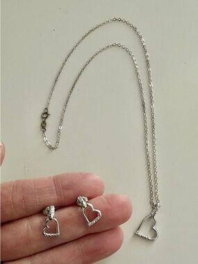 Silver Heart Necklace and Earrings Set - Woman Jewelry